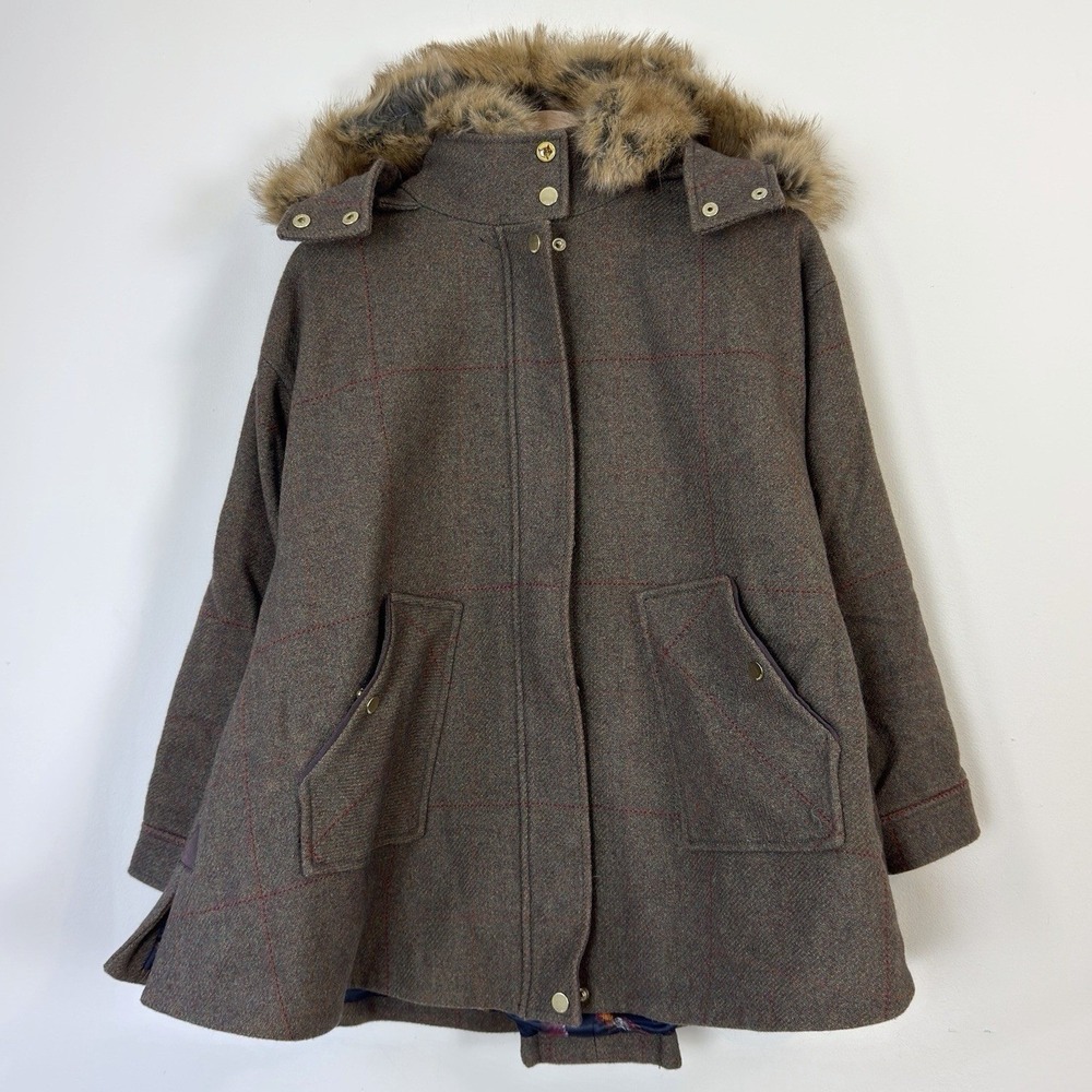 Joules Womens Brown Field Tweed Wool Zip Up Coat Jacket - Small